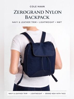 Cole Haan Zerogrand Nylon Backpack Navy Leather Trim Lightweight NWT